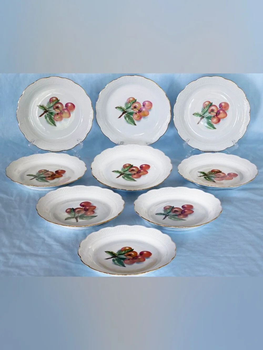 Beautiful Rare Vintage Chodziez Poland Dessert Plate Cherry Pattern - Set Of 9